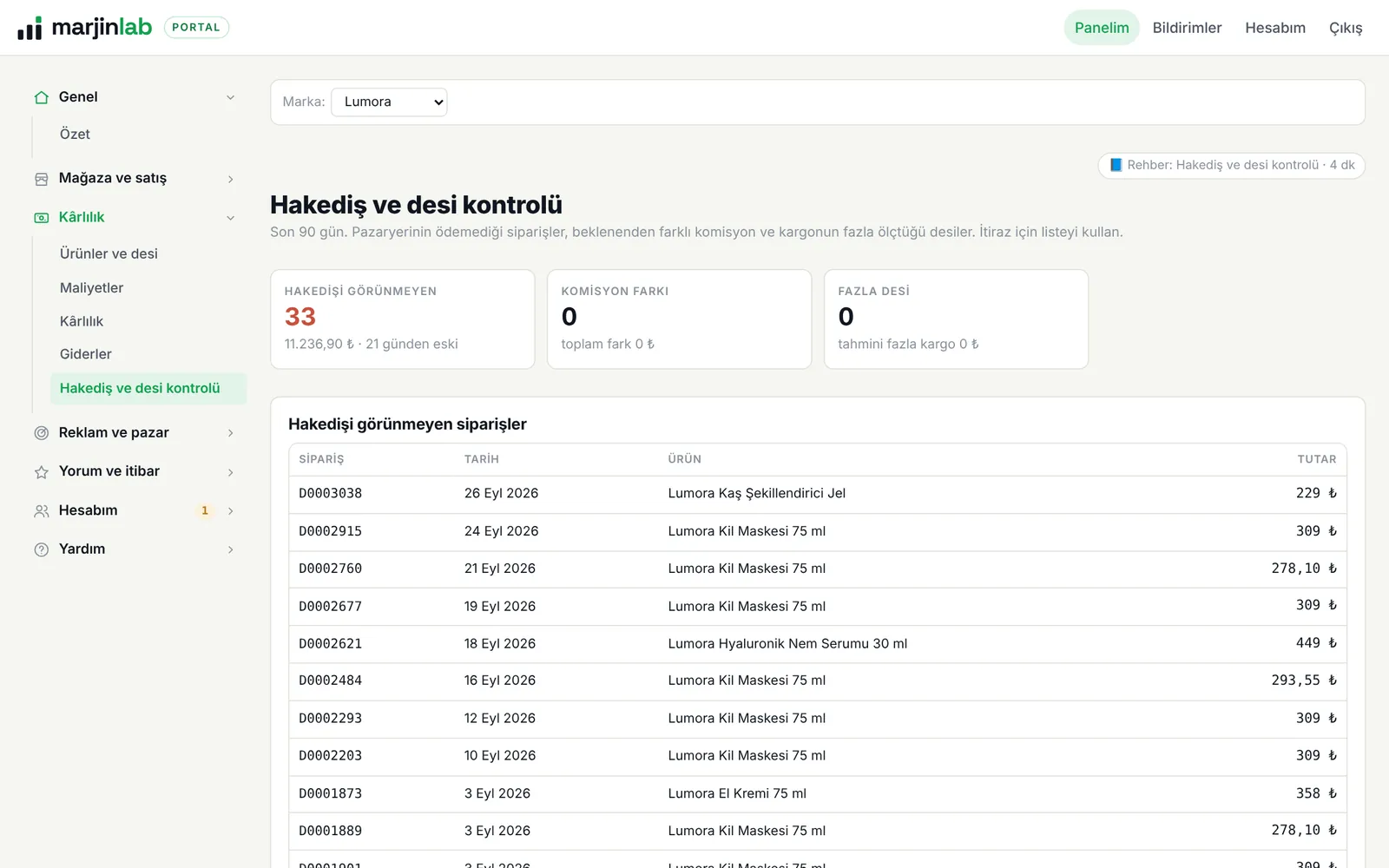 Marjinlab portalı: Hakediş kontrolü ekranı (demo marka)
