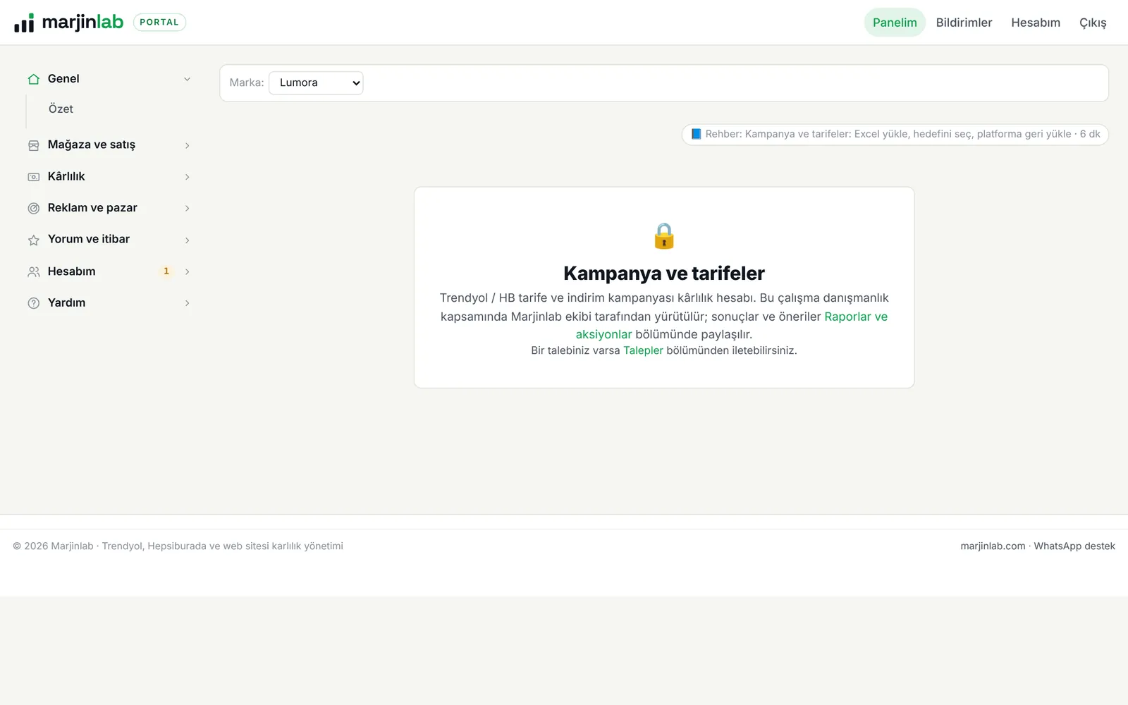 Marjinlab portalı: Kampanya ve tarifeler ekranı (demo marka)